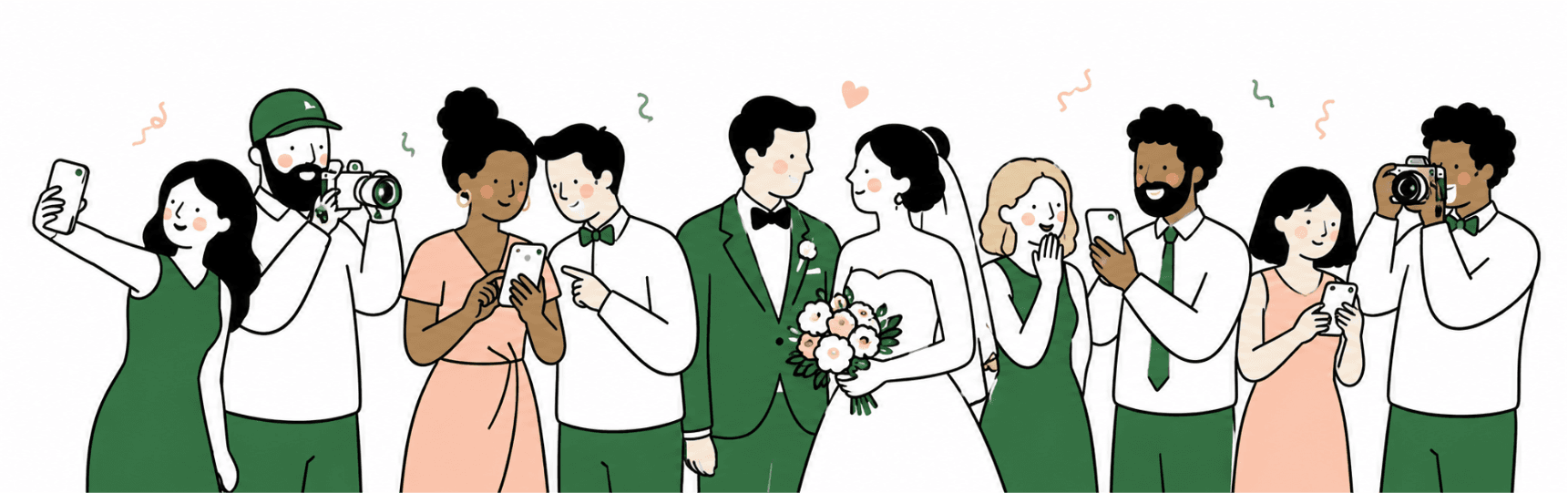 A hand-drawn wedding scene: friends, family, and the couple, each holding a camera or phone, photographing each other.